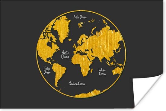 Ronde en gouden wereldkaart op een grijze achtergrond Poster | Wereldkaart Poster 180x120 cm