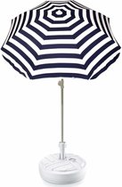 Blauw gestreepte lichtgewicht strand/tuin basic parasol van nylon 180 cm + vulbare parasolvoet wit van plastic