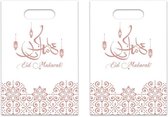 6x stuks Eid Mubarak thema feestzakjes/uitdeelzakjes wit/rose goud 23 x 17 cm - Suikerfeest/Offerfeest
