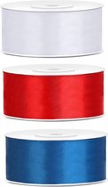 3x kleuren rollen hobby/decoratie satijn sierlint 2,5 cm x 25 meter - Cadeau inpakken/decoreren - wit, rood en blauw