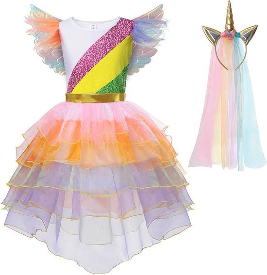 Unicorn jurk incl. vleugels en haarband (3-delig) - Eenhoorn - Prinsessenjurk - Verkleedkleding - Feestjurk - Sprookjesjurk - Regenboog - Maat 110/116 (4/5 jaar)