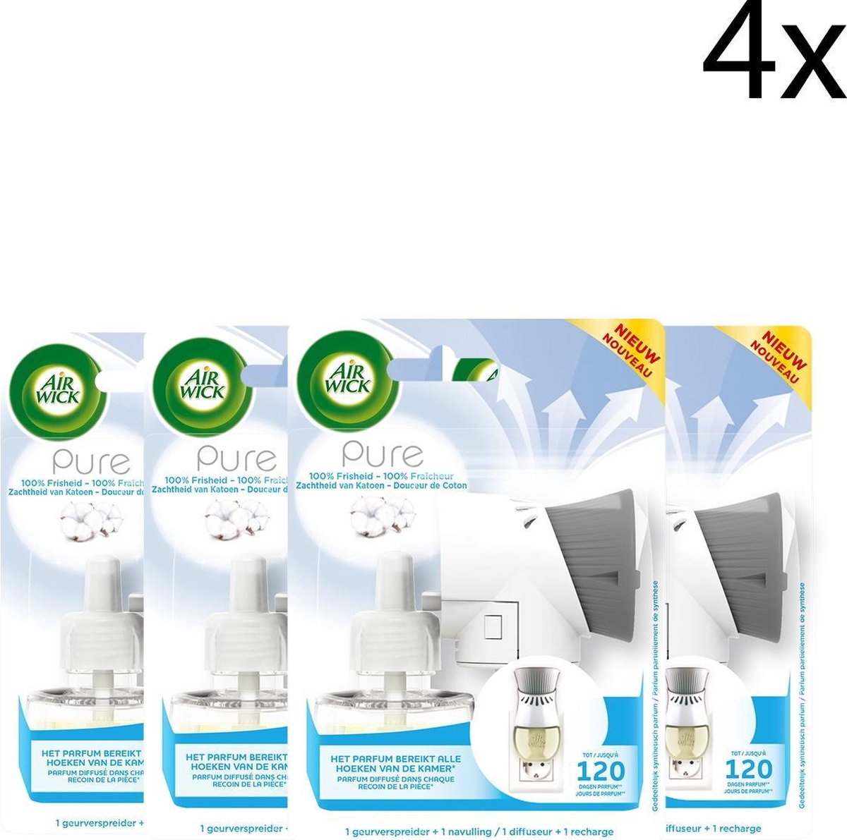 Air Wick Elektrische Geurverspreider Luchtverfrisser - Pure Zachtheid van Katoen - Starterkit 19ml x4