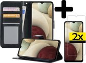 Samsung A12 Hoesje Book Case Met 2x Screenprotector - Samsung Galaxy A12 Case Wallet Cover - Samsung A12 Hoesje Met 2x Screenprotector - Zwart