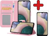 Hoesje Geschikt voor Samsung A12 Hoesje Book Case Hoes Portemonnee Cover Walletcase Met Screenprotector - Hoes Geschikt voor Samsung Galaxy A12 Hoes Bookcase Hoesje - Lichtroze