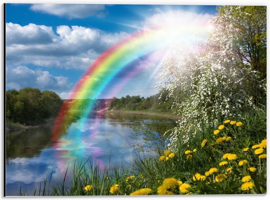 Dibond - Regenboog met Zon bij het Water - 40x30cm Foto op Aluminium (Met Ophangsysteem)