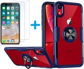 Hoesje Geschikt voor iPhone Xr hoesje Luxe carbon TPU Backcover Met Metalen Ring Houder - Blauw met 2 pack screenprotector