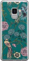 Samsung Galaxy S9 siliconen hoesje - Vogels Japanse bloemen - Soft Case Telefoonhoesje - Blauw - Bloemen