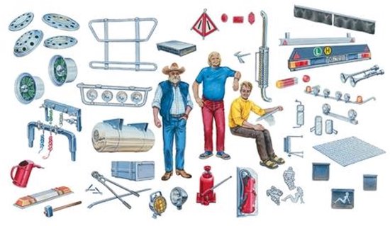 Diverses pièces de modèle de camion, dont deux figurines d'hommes, des jantes, des échappements et des accessoires.