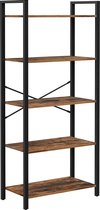 Boekenkast met 5 Planken, Boeken Rek met industriële vormgeving, voor woonkamer, kantoor, studeerkamer en gang, stalen frame, vintage bruin-zwart