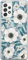 Samsung Galaxy A52 hoesje siliconen - Witte bloemen - Soft Case Telefoonhoesje - Bloemen - Blauw