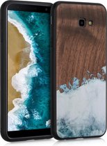 kwmobile telefoonhoesje compatibel met Samsung Galaxy J4+ / J4 Plus DUOS - Hoesje met bumper in lichtblauw / wit / bruin - walnoothout - Houten Penseel design