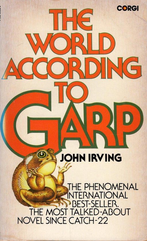 Boek 'The World According To Garp' met een illustratie van een kikker en de tekst 'THE WORLD ACCORDING TO GARP JOHN IRVING'.