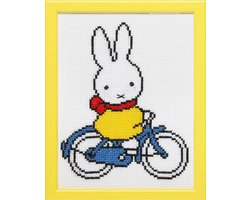 Pako Borduurpakket met telpatroon - Nijntje op de fiets , Dick Bruna - 211.610 - voorgesorteerd garen - Aida - 13 x 17 cm - DIY kit