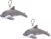 Set van 2x stuks wNF pluche dolfijnen sleutelhanger 10 cm - Pluche dieren cadeau knuffels/knuffeltjes voor kinderen.