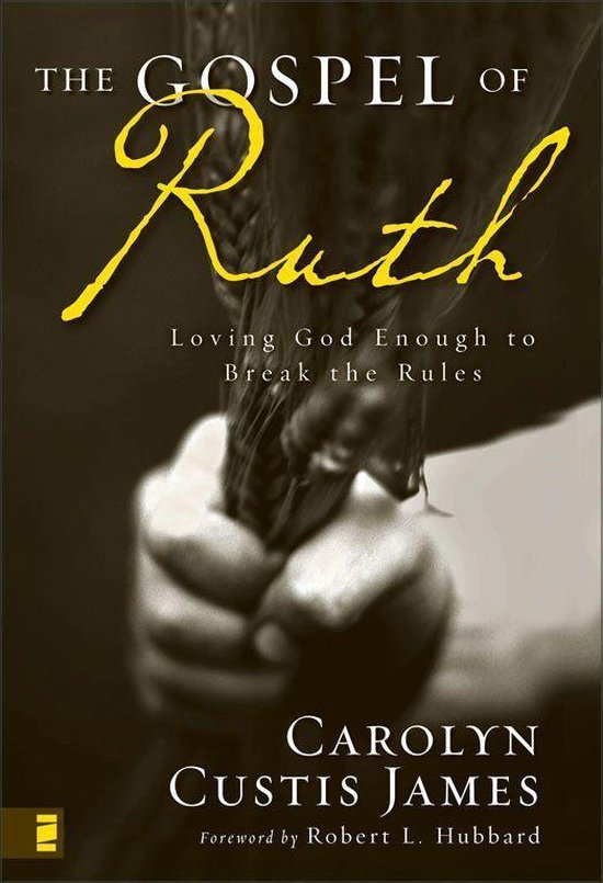 Boekhoes "The Gospel of Ruth" met een hand die een tarwestengel vasthoudt.