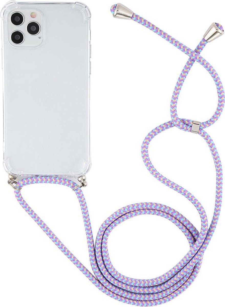 Mobigear Telefoonhoesje geschikt voor Apple iPhone 12 Pro Max Flexibel TPU | Mobigear Lanyard Hoesje met koord - Transparant / Blauw / Paars