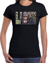 Tekst shirt I love chimpanzee monkeys met dieren foto van een chimpansee aap zwart voor dames - cadeau t-shirt apen liefhebber S