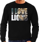 Tekst sweater I love lions met dieren foto van een leeuw zwart voor heren - cadeau trui leeuwen liefhebber L