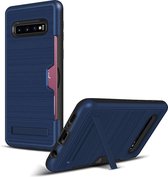 TPU + PC geborstelde textuur beschermhoes voor Galaxy S10, met kaartsleuf en houder (blauw)