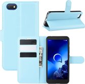 Voor Alcatel 1v (2019) ï¼ˆVingerafdrukvrije versieï¼‰ Litchi Texture Horizontal Flip beschermhoes met houder & kaartsleuven & portemonnee (blauw)