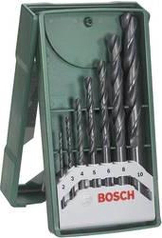 Groene Bosch boorhouder met 7 metaalboren van verschillende groottes, genummerd 2 tot 10.