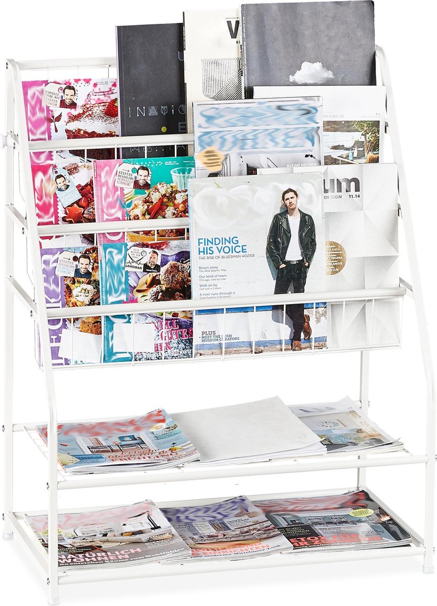 Relaxdays tijdschriftenrek metaal tijdschriftenhouder vrijstaand boekenrek staand wit