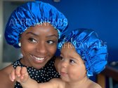 Blauwe Satijnen Slaapmuts (Moeder + Dochter / Mommy & Me ) Kinder Hair Bonnet / Haar bonnet van Satijn / Satin bonnet