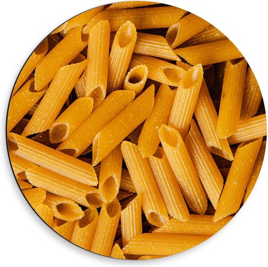 Dibond Wandcirkel - Pasta Penne - 50x50cm Foto op Aluminium Wandcirkel (met ophangsysteem)