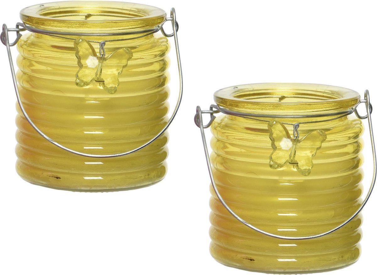 Decoris 3x stuks citronella anti muggen kaarsen in kaarsenhouder geel 12 branduren Windlichten voor binnen en buiten