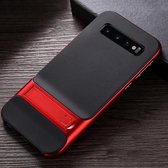 Voor Galaxy S10 + geruite textuur antislip TPU + pc-hoes met houder (rood)