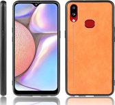 Voor Galaxy A10s schokbestendig naaien koe patroon Skin PC + PU + TPU Case (oranje)