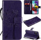 Voor Samsung Galaxy A51 5G Tree & Cat reliÃ«fpatroon Horizontale flip lederen tas met houder & kaartsleuven & portemonnee en lanyard (paars)