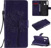 Voor Huawei Y6p Tree & Cat reliÃ«fpatroon Horizontale flip lederen tas met houder & kaartsleuven & portemonnee en lanyard (paars)