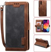 Voor Galaxy A70 retro splicing horizontale flip lederen tas met kaartsleuven en houder en portemonnee (grijs)