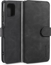 Voor Galaxy A51 DG.MING Retro Oil Side Horizontal Flip Case met houder & kaartsleuven & portemonnee (zwart)