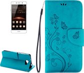Voor Huawei Y5II geperste bloemen horizontale flip lederen tas met magnetische gesp & houder & kaartsleuven & portemonnee (blauw)