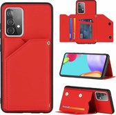 Voor Samsung Galaxy A52 5G Skin Feel PU + TPU + PC Achterkant Schokbestendig hoesje met kaartsleuven & houder & fotolijst (rood)