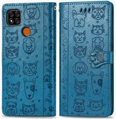 Voor xiaomi redmi 9c schattige kat en hond reliëf horizontale flip lederen tas met houder & kaartsleuven & portemonnee & lanyard (blauw)