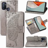 Voor OnePlus Nord N100 Butterfly Love Flower Reliëf Horizontale Flip Leren Case met Beugel / Kaartsleuf / Portemonnee / Lanyard (Grijs)
