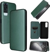 Voor vivo Y51 2020 koolstofvezel textuur magnetische horizontale flip TPU + pc + PU lederen tas met kaartsleuf (groen)