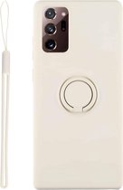 Voor Samsung Galaxy S20 FE effen kleur vloeibare siliconen schokbestendige volledige dekking beschermhoes met ringhouder & lanyard (beige)