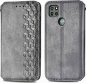 Voor Motorola G9 power Cubic Grid Pressed Horizontal Flip Magnetic PU Leather Case met houder & kaartsleuven & portemonnee (grijs)