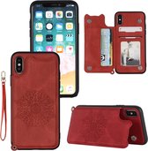 Voor iPhone XS / X Mandala reliëf PU + TPU hoesje met houder & kaartsleuven & fotolijst & draagriem (rood)