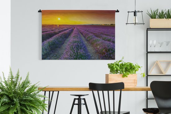 Tapisserie De lavande - Oranje de soleil orange au-dessus d'un champ rempli de lavande Tapisserie en coton 120x80 cm - Tapisserie avec photo