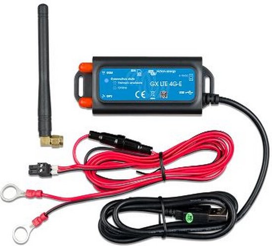 Victron GX LTE 4G-E met GPS, GSM-antenne, USB-kabel en stroomkabels met ringogen.