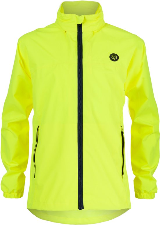 Veste de pluie AGU jaune fluo avec fermeture éclair et logo AGU sur la poitrine.