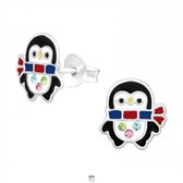 Oorbellen meisje | Zilveren kinderoorbellen | Zilveren oorstekers, pinguïn met sjaal