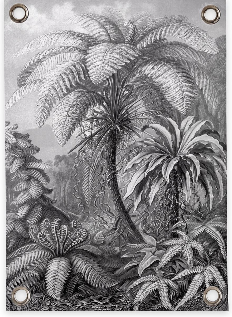Villa Madelief Tuinposter Jungle zwart wit - 70x100cm - Vinyl - Tuindecoratie - Tuinschilderij - Schuttingposter - Tuindoek - Buitenposter voor in de tuin - Waterafstotend - Organische Collectie
