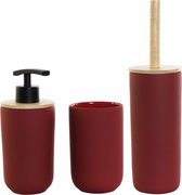 Complete badkamerset - zeeppompje - toietborstel - tandenborstel beker - rood keramiek/bamboe