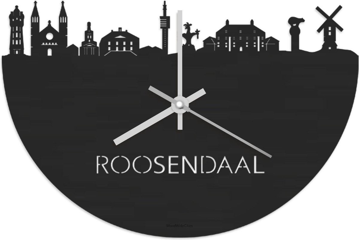 Skyline Klok Roosendaal Zwart hout - Ø 40 cm - Stil uurwerk - Wanddecoratie - Meer steden beschikbaar - Woonkamer idee - Woondecoratie - City Art - Steden kunst - Cadeau voor hem - Cadeau voor haar - Jubileum - Trouwerij - Housewarming -
